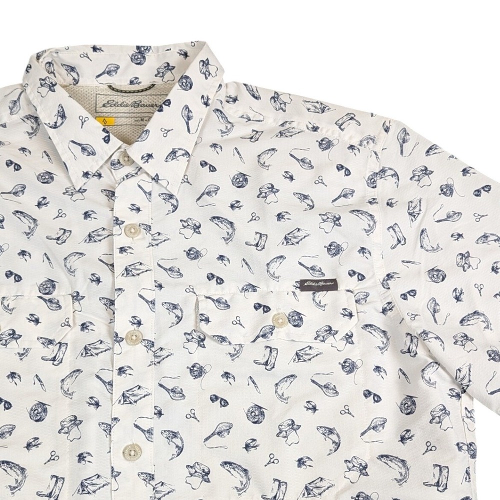 Eddie Bauer Mens Medium Classic Fit Fishing Shirt White Blue Fly Fishing PrintSS